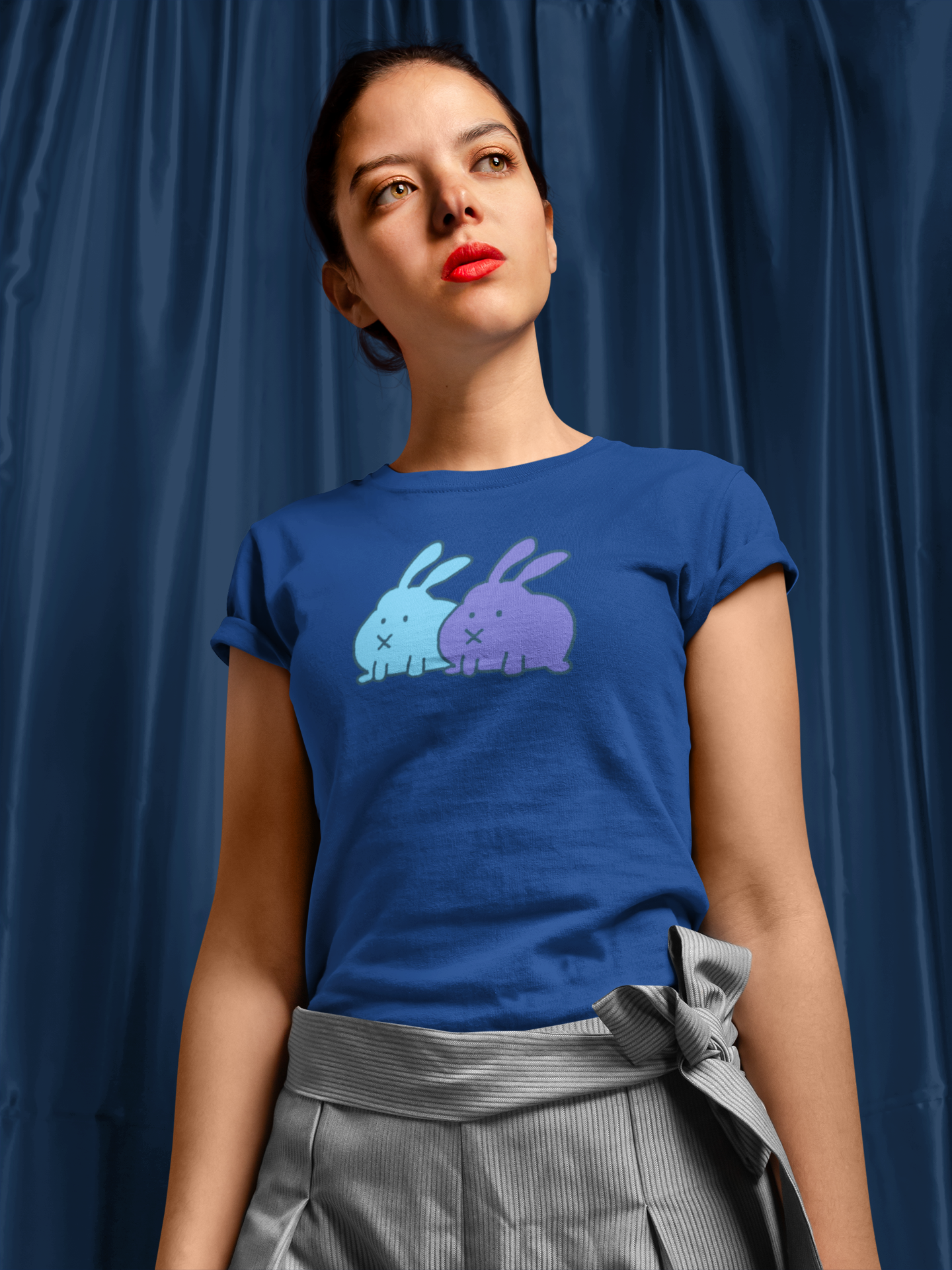 Trendy and cute blue woman bunnies t-shirt